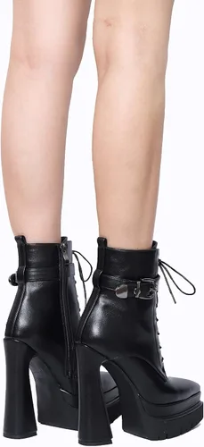 Vista 6 de Mattiventon Botas de plataforma para mujer, tacón grueso, punta puntiaguda, botines con cordones al tobillo