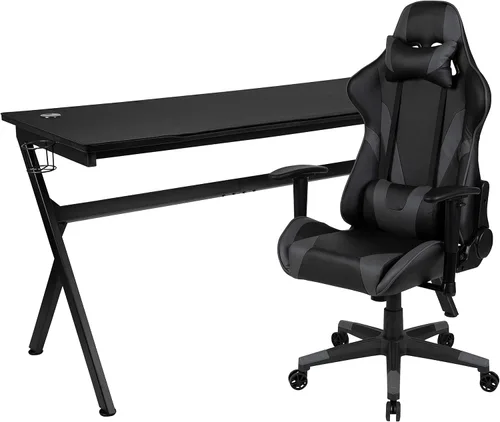 Vista 70 de Flash Furniture Juego de escritorio para juegos negro y silla de carreras blanco/negro con soporte para tazas, gancho para auriculares y soporte