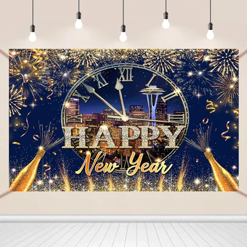 Vista 22 de AIBIIN Telón de fondo de 7 x 5 pies con texto en inglés «Happy New Year» 2026, noche de la ciudad, víspera de Año Nuevo, grandiosos fuegos Fuegos