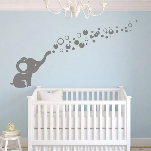 Vista 4 de Calcomanía de pared con burbujas que soplan elefantes, adhesivo de vinilo extraíble para guardería (gris)