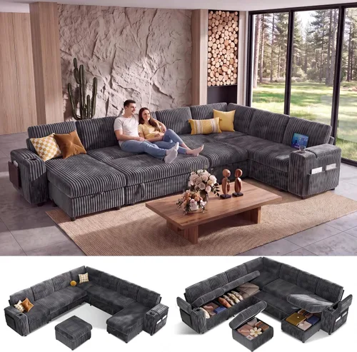 Vista 15 de WEUP Sofá cama modular de 111 pulgadas con cama extraíble, sofá de pana de felpa en forma de L de 7 asientos con diván de almacenamiento, puertos