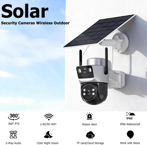 Vista 3 de Cámaras de seguridad solar de doble lente inalámbricas para exteriores, WiFi 6 5G/2.4G, vista de 360° panorámica/inclinación, cámara de seguridad