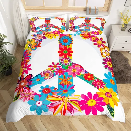 Vista 17 de Groovy Flowers - Funda de edredón de flores hippy girl, juego de ropa de cama con diseño de flores de arco iris, espiral, rayas, floral, juego