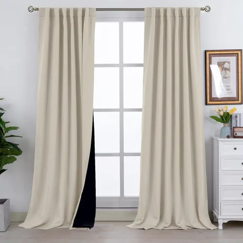 Vista 101 de BGment Cortinas 100% opacas beige de 63 pulgadas de largo con forro aislante térmico, bolsillo para varilla y lengüeta trasera de doble capa