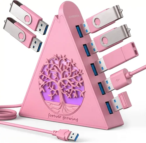 Vista 12 de Hub USB 3.0 de 7 puertos, divisor de USB vertical con iluminación RGB, transferencia de datos de alta velocidad de 5 Gbps y cable de extensión de 2