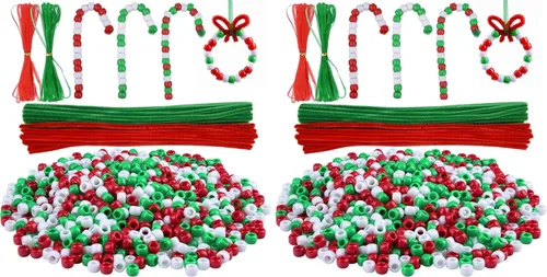 Vista 8 de Livder Kit de adornos de cuentas de Navidad, incluye 1000 cuentas de plástico rojo, verde y blanco, 60 tallos de chenilla, cinta de 64 pies