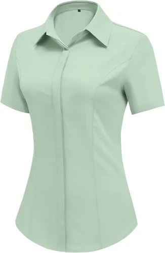 Vista 13 de HOTOUCH Camisas de manga corta con botones para mujer, blusa con cuello ajustado, blusa básica de verano para oficina, tallas S-2XL