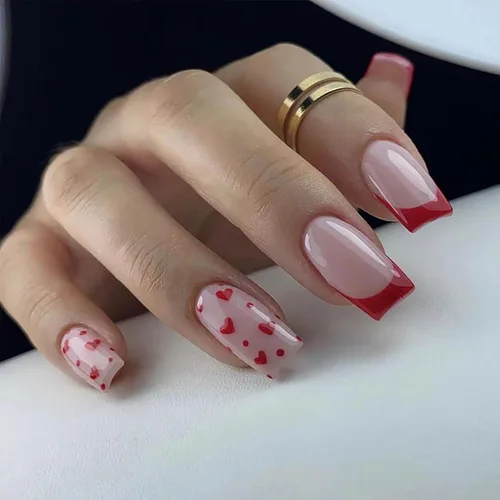 Vista 24 de Uñas postizas a presión para San Valentín, uñas postizas cortas cuadradas MABKJLF nude con diseños de labios, cobertura completa, pegamento