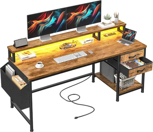 Vista 11 de DurayLoly Escritorio para juegos de 40 pulgadas con cajones y bolsa de almacenamiento, escritorio para computadora con tomas de corriente y luces