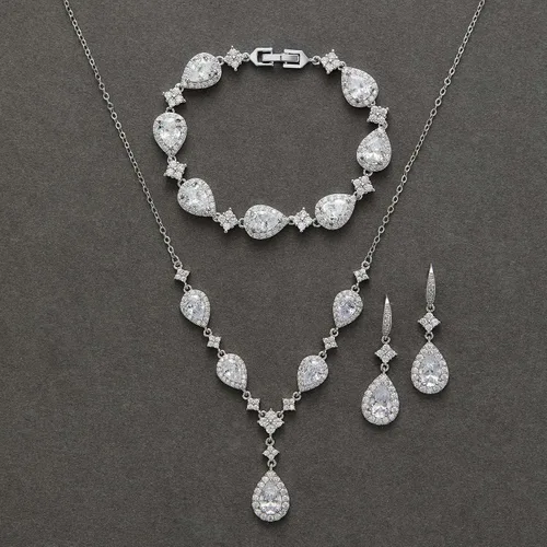 Vista 4 de SWEETV Juego de joyas para mujer, diseño de lágrima con circonita cúbica, juego de collar y aretes para novia, fiesta de boda, graduación, joyería