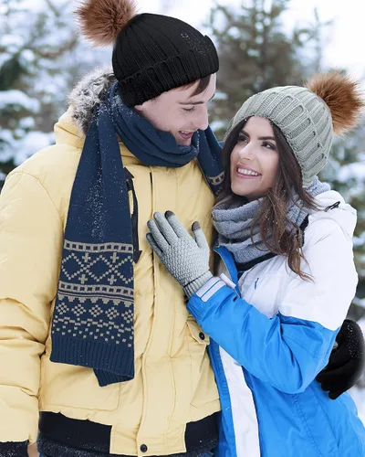 Vista 7 de Juego de 4 gorros de invierno para mujer, gorro de punto, guantes para pantalla táctil