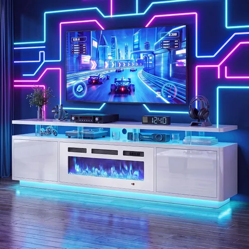 Vista 30 de oneinmil Soporte de TV con chimenea blanca de 70 pulgadas para sala de estar, centro de entretenimiento con chimenea eléctrica con luces LED dobles