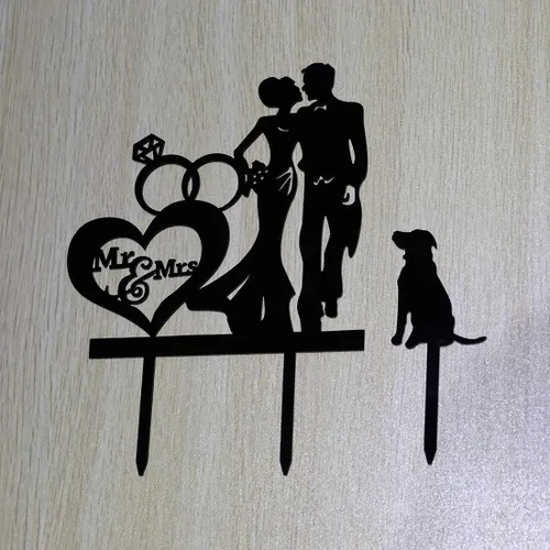 Vista 4 de Anillo de diamantes para boda, pareja de besos, diseño de corazón y madre, decoración para tartas, novia y novio con silueta de perro, acrílico negro