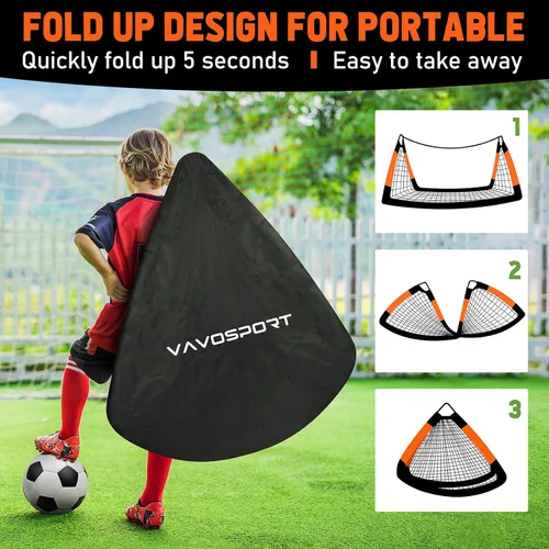 Vista 4 de VAVOSPORT Juego de porterías de fútbol para niños para patio trasero, 2 redes portátiles de 4 x 3 / 6 x 4 pies, mini equipo de entrenamiento