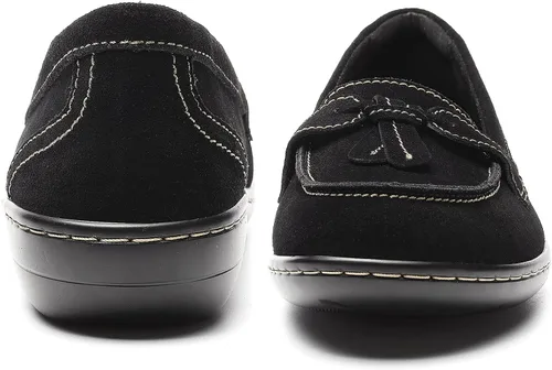 Vista 3 de Osslue Mocasines clásicos de piel de microgamuza para mujer, mocasines retro para conducir, mocasines de moda, con borlas, zapatos de barco cómodos
