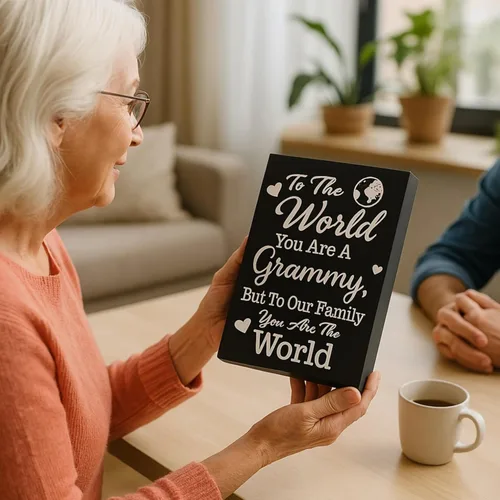 Vista 3 de JennyGems Regalos de Grammy – Cartel de madera «To The World You Are A Grammy But To Family You Are World» – Estante sentimental o decoración