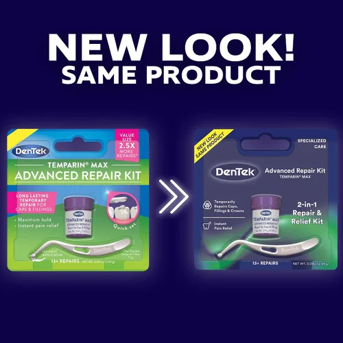 Vista 2 de Dentek Temparin Max Kit de reparación, 13+ reparaciones, 0.09 oz (paquete de 6) Dental Repair Kit, Loose Cap Set for 13 Repairs, Same Ingredients