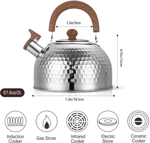 Vista 2 de Hervidor de té, acero inoxidable de grado alimenticio con mango plegable de madera, hervidor silbante para estufas de inducción, gas y eléctricas