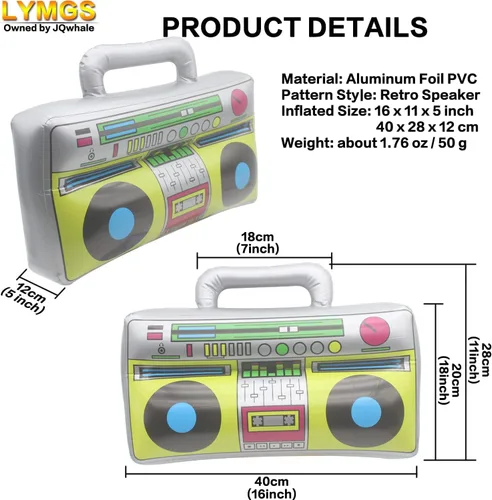 Vista 2 de Juguete inflable de 16 pulgadas para fiesta de radio Boombox, 16 pulgadas, grande, inflable, retro, 80s y 90, caja de bocina, decoración de globo