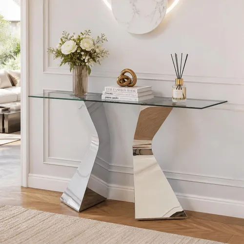 Vista 4 de Mesa consola plateada, mesa consola de cristal de 51 pulgadas, mesa de entrada moderna con patas de acero inoxidable espejadas, mesa de sofá