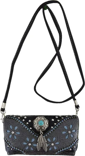 Vista 2 de Western Feather Tooled Leather Floral Laser Cut Flower Purse Studs Single Shoulder Bag Clutch Mujer Trifold Wristlets Wallet (negro)