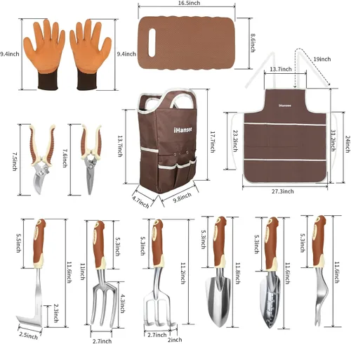 Vista 2 de Juego de herramientas de jardinería marrón de 12 piezas, kit de herramientas de mano de jardín con mango ergonómico antideslizante, bolsa