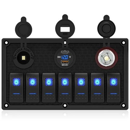 Vista 21 de Panel de interruptores de barco marino de 5 posiciones con cargador USB dual y voltímetro, panel de interruptores basculantes de aluminio
