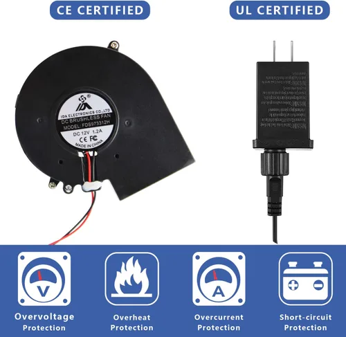 Vista 4 de Soplador de aire para inflables de 12V 1.2A con ventilador de repuesto de 3 luces LED para decoración inflable de jardín, patio, Halloween, Navidad