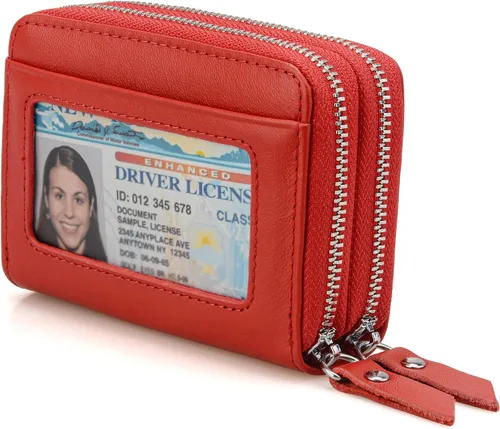 Vista 8 de KM Legend Cartera para mujer, delgada, con bloqueo RFID, tarjetero con ventana de identificación, monederos compactos con doble cremallera
