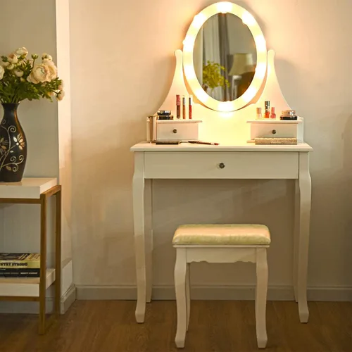 Vista 16 de Giantex Juego de tocador con espejo iluminado, mesa de maquillaje con 10 luces rosadas, escritorio de tocador moderno con taburete acolchado, 3