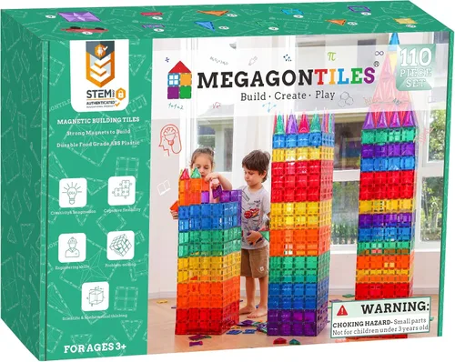 Vista 14 de MEGAGONTILES Juego de 60 azulejos magnéticos para estación de bomberos Bloques de construcción magnéticos STEM con camiones de bomberos y grúas