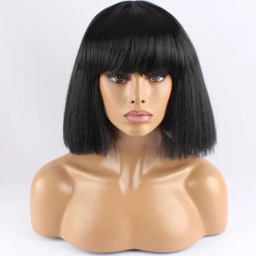 Vista 5 de WeKen peluca de moda con corte bob corto, con flequillo recto, para mujer, peluquines sintéticos, Negro