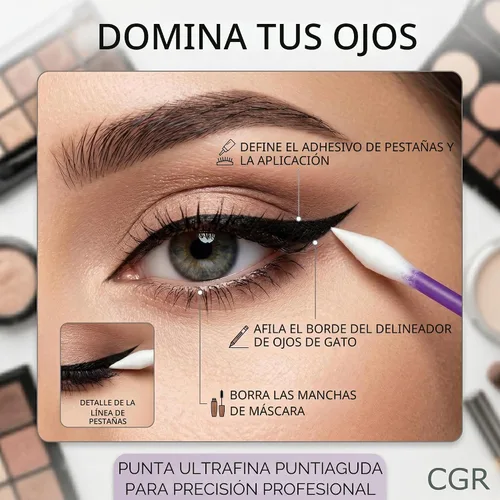Vista 4 de 760 hisopos de algodón CGR Precision empacados en recipiente acrílico para hisopos con punta puntiaguda y aplanada, aplicador de maquillaje