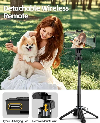 Vista 6 de UBeesize Mini trípode para selfie stick con control remoto recargable, soporte de teléfono de viaje de tamaño bolsillo con gancho, soporte giratorio