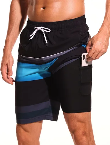 Vista 29 de Difficort - Traje de baño para hombre con forro de compresión, pantalones cortos de secado rápido con bolsillos con cremallera 1-a/ Rayas negras