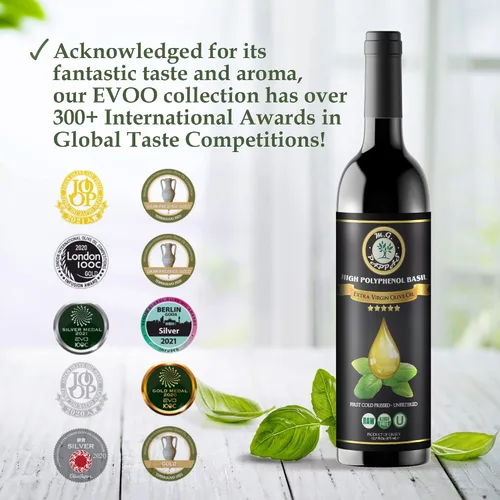 Vista 5 de M.G. PAPPAS Aceite de oliva extra virgen infundido con albahaca rico en polifenoles - Aceite de oliva griego prensado en frío y sin filtrar - Alto