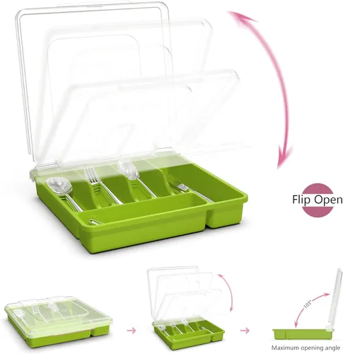 Vista 4 de Soporte para utensilios para encimera con tapa, bandeja de cubiertos de plástico para cajón (verde)