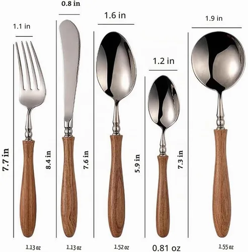 Vista 5 de Juego de cubiertos de 20 piezas para 4, juego de cubiertos de acero inoxidable con mango de madera de alta calidad, incluye tenedor, cuchillo Marrón
