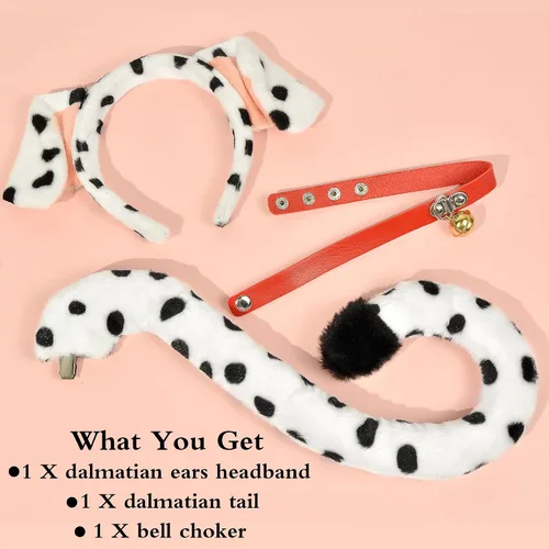 Vista 2 de U-Goforst Diadema con orejas de dálmata y cola Disfraz para mujer, disfraz de Halloween, cachorro, disfraz de perro, blanco y negro