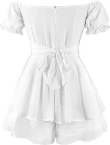 Vista 5 de Mameluco de manga abombada para mujer, vestido con volantes y hombros descubiertos con pantalones cortos de manga larga con capas fluidas de pirata