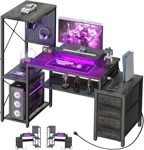 Vista 8 de Escritorio pequeño para juegos con 2 cajones de tela, escritorio reversible para computadora con toma de corriente y luces LED, escritorio