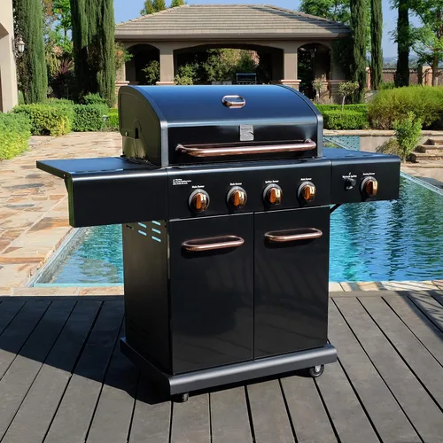 Vista 3 de Kenmore Parrilla de barbacoa de gas propano estilo gabinete de 4 quemadores con quemador lateral abrasador, 52000 BTU en total, negro y cobre Kit