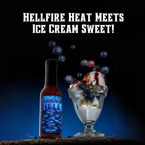Vista 8 de Salsa picante Hellfire Blueberry Hell con pimientos Carolina Reaper, Gourmet, galardonada salsa picante a base de frutas, 5 onzas