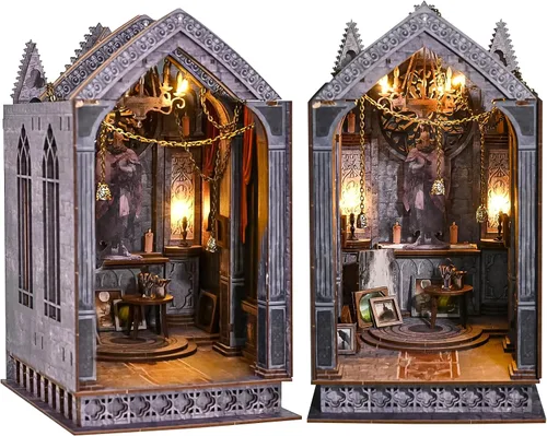 Vista 11 de Spilay Kit de rincón de libros para adultos, kit de casa de muñecas en miniatura con luz LED, rompecabezas de madera 3D, decoración creativa