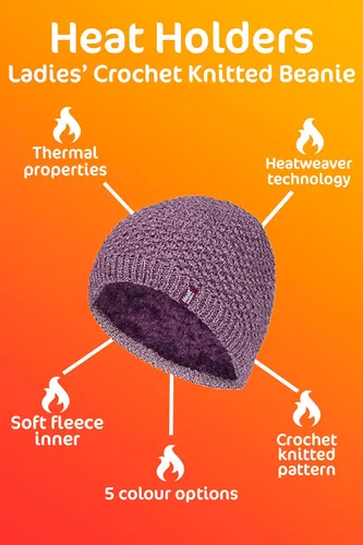Vista 6 de HEAT HOLDERS - Womens Crochet Knitted Fleece Insulated Thermal Warm Winter Hat Rosa (Nora)