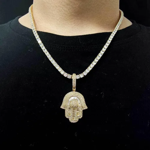 Vista 4 de Collar Hip Hop Hamsa para hombre, colgante de mano Hamsa de oro blanco de 18 quilates para mujer