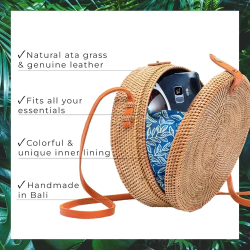 Vista 2 de Bolsas de ratán para mujer Bolso tejido de mimbre hecho a mano con círculo, bolsa bohemia Bali
