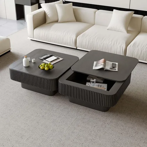 Vista 8 de Mesa de café cuadrada pequeña con almacenamiento, mesa de café moderna de madera con chapa de madera maciza, mesa central estriada