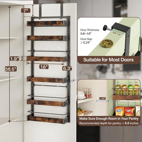 Vista 2 de Organizador de despensa de 6 niveles para colgar en la puerta, 2 EN 1 de montaje en pared o estante de especias colgante de metal para organizadores
