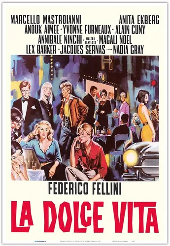 Vista 10 de La Dolce Vita de Federico Fellini con Marcello Mastroianni Anita Ekberg - Póster vintage de película italiana por Sandro Simeoni c.1960 - Impresión